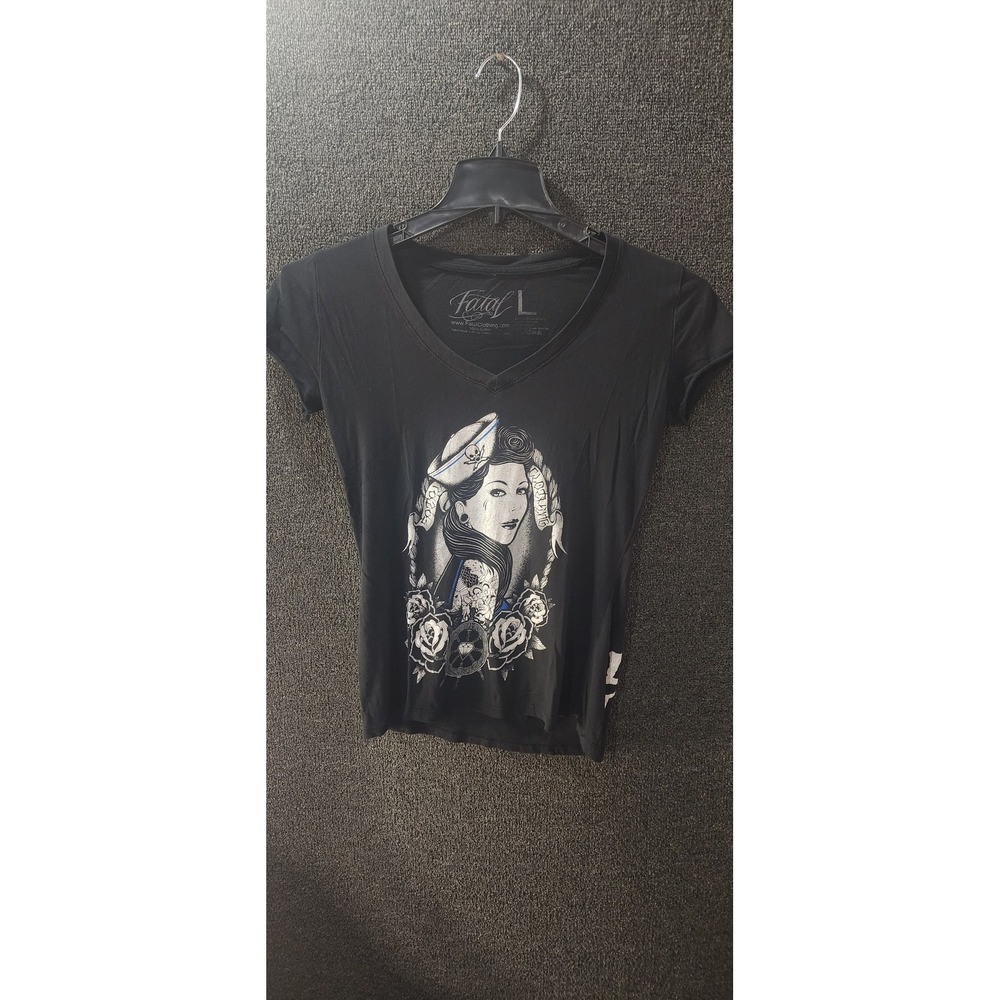 Fatal Clothing Sailor Girl Graphic T-Shirt Black V-Neck Tattoo Art Womens L